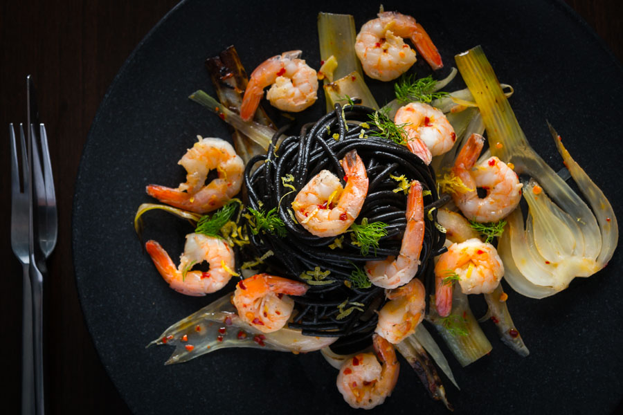 Squid Ink Spaghetti with Shrimp and Fennel Bring a bit of bling to your spaghetti with shrimp by adding some squid ink pasta and the classics chili, garlic and lemon juice.