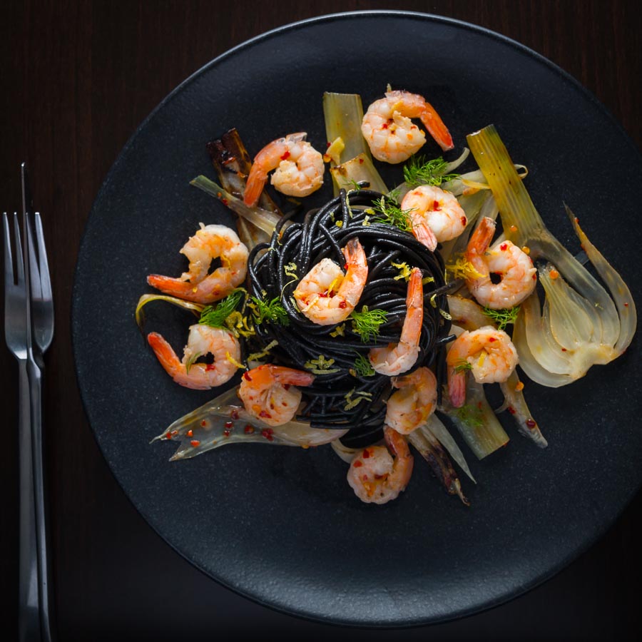 Squid Ink Spaghetti with Shrimp and Fennel Bring a bit of bling to your spaghetti with shrimp by adding some squid ink pasta and the classics chili, garlic and lemon juice.
