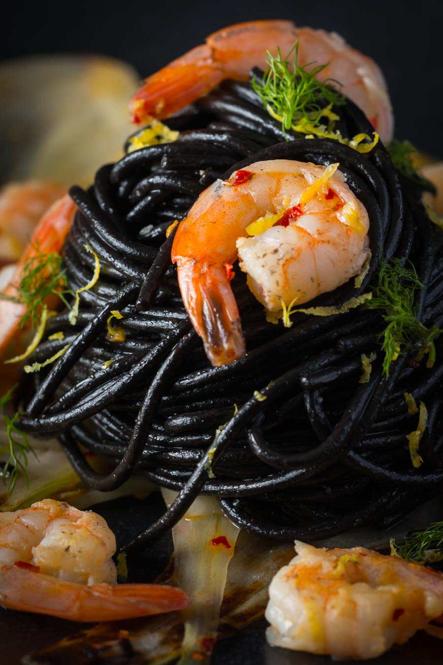 Squid Ink Spaghetti with Shrimp and Fennel Bring a bit of bling to your spaghetti with shrimp by adding some squid ink pasta and the classics chili, garlic and lemon juice.