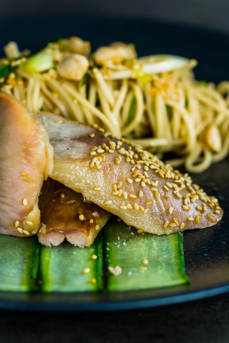 Asian Smoked Mackerel Noodle Salad Smoked mackerel is one of my favourite ingredients and here it is joined by a glorious asian noodle salad with 'pickled' cucumbers, crunchy nuts and sesasme
