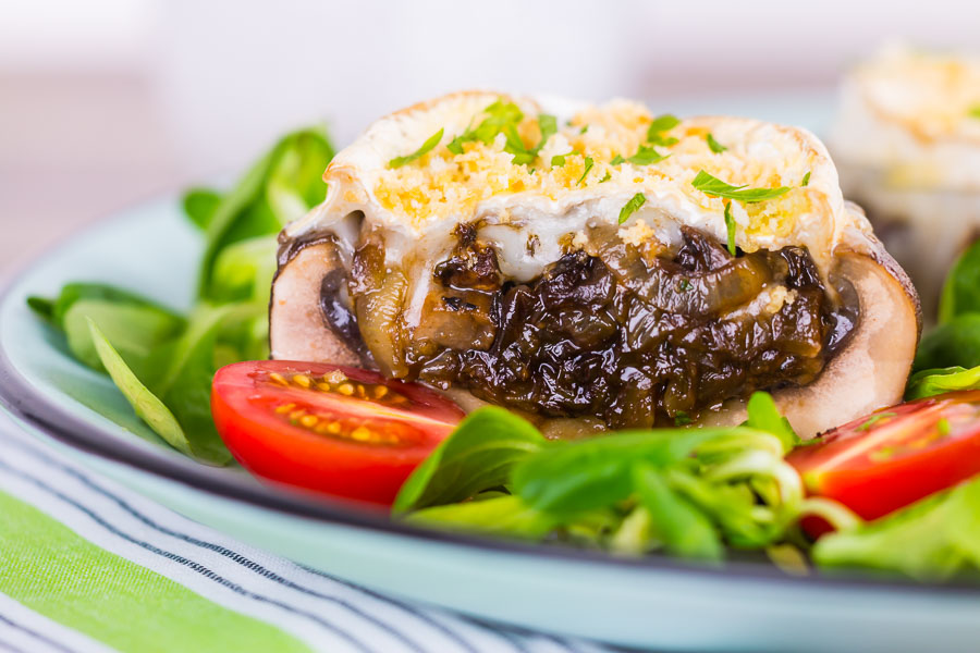 Caramalised Onion and Goats Cheese Stuffed Portobello Mushrooms These stuffed portobello mushrooms evoke the flavours of a classic goats cheese and onion tart stuffed inside wonderfully baked mushrooms.