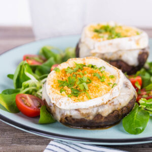 These stuffed portobello mushrooms evoke the flavours of a classic goats cheese and onion tart stuffed inside wonderfully baked mushrooms.