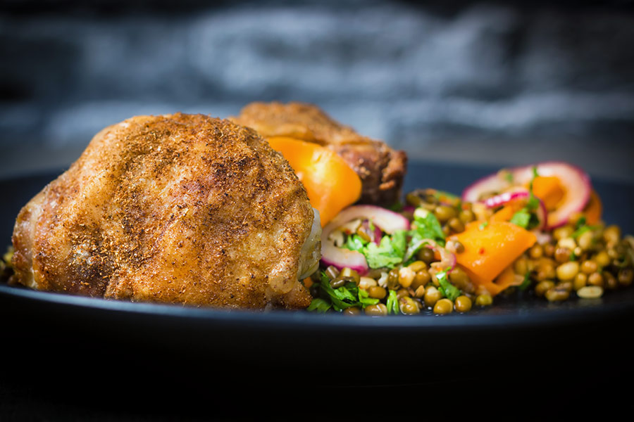 Carrot and Mung Bean Salad With Spiced Chicken Thighs This carrot and mung bean salad is bright and vibrant with the Indian Influenced pickled carrots and served with some simply roasted garam masala chicken thighs.