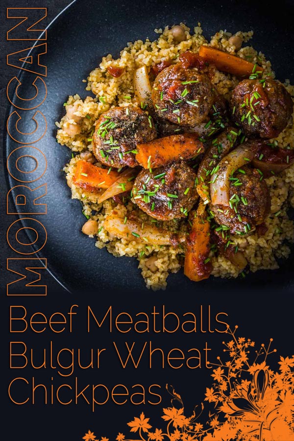 The bed of Harissa spiked bulgur wheat and chickpeas is the perfect bed for these Moroccan inspired beef meatballs, a wonderful winter warmer! #comfortfood #meatballrecipes #meatballs #beefrecipes #recipeideas #recipeoftheday #recipes