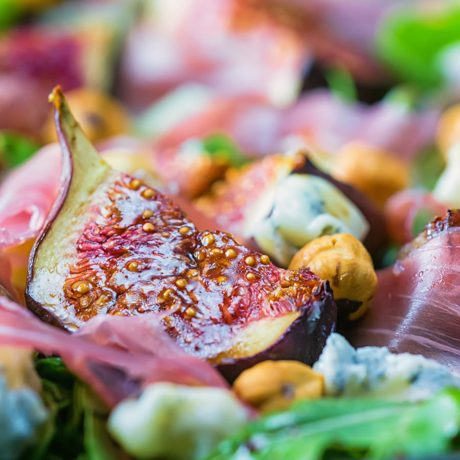 Roasted Fig Salad With Blue Cheese and Hazelnuts Figs are a gloriously diverse ingredient, my favourite way to eat them is in a roasted fig salad paired with wonderful blue cheese and hazelnuts!