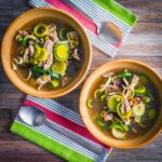 Recipes for CockaLeekie soup or Cock a Leekie soup date back to the 1500’s and my version embraces the traditional use of prunes and pearl barley and is a real winter warmer!