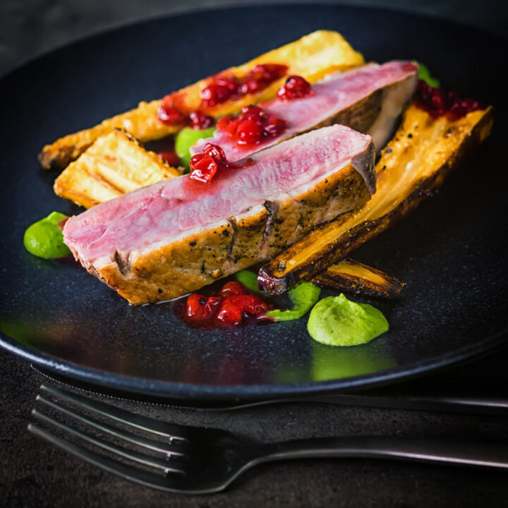 This pan fried duck breast is cooked using the cold pan method and is joined by honey roast parsnip, broccoli puree and a red currant sauce to form the perfect date night dinner!