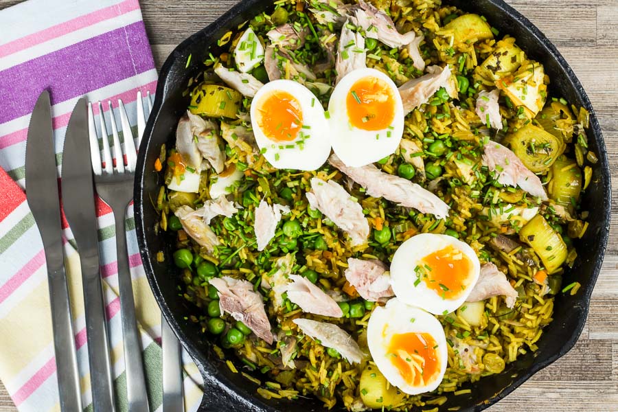 Kedgeree is an Anglo Indian dish traditionally made with smoked haddock my version uses smoked mackerel and is chock full of British Indian flavours!