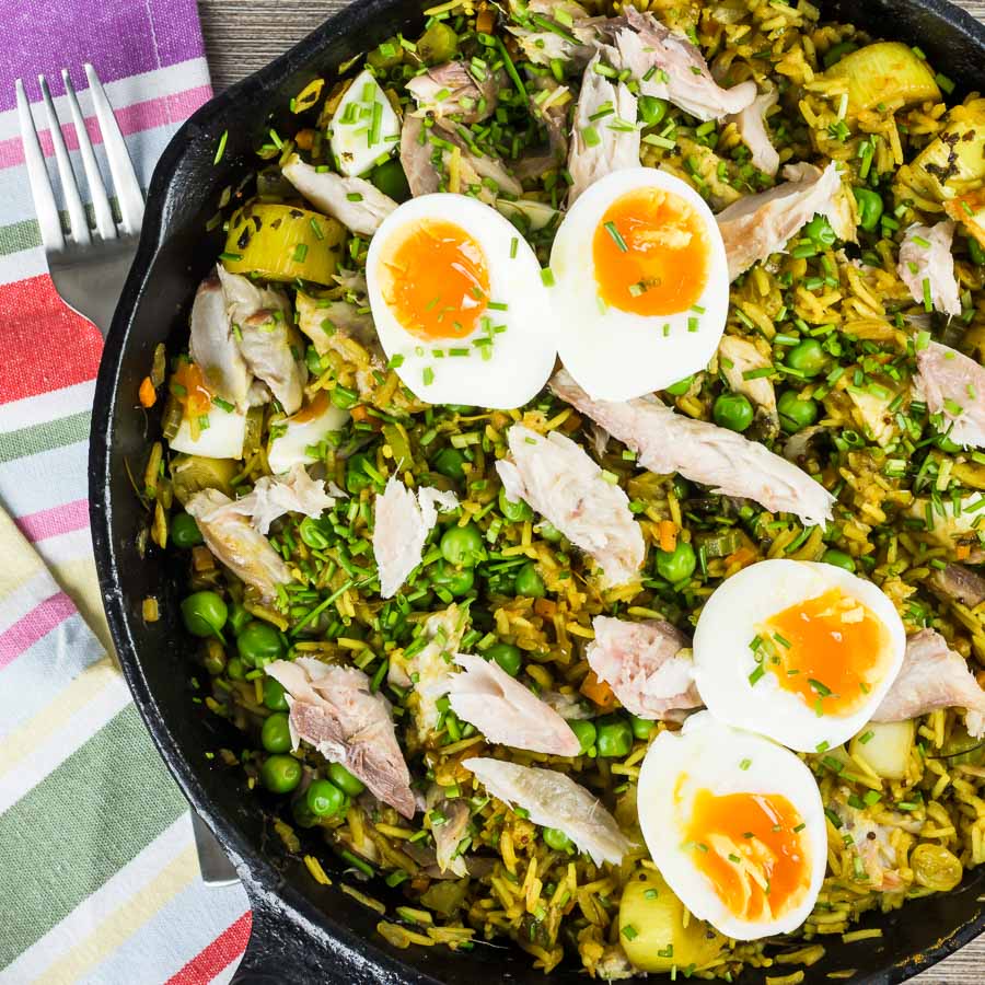 Kedgeree is an Anglo Indian dish traditionally made with smoked haddock my version uses smoked mackerel and is chock full of British Indian flavours!