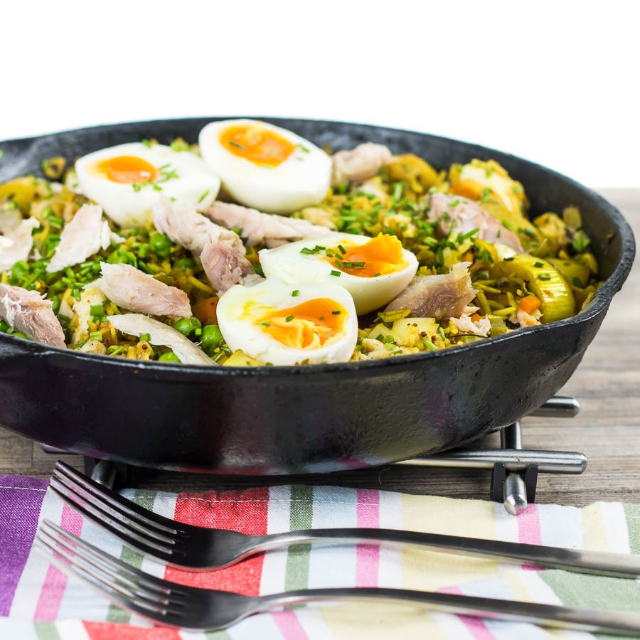 Kedgeree is an Anglo Indian dish traditionally made with smoked haddock my version uses smoked mackerel and is chock full of British Indian flavours!