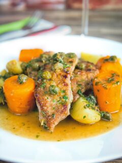 Veal scallopini takes a wonderful piece of veal escalope and combines it with a vibrant wine, caper and lemon sauce to create a delicious simple meal!