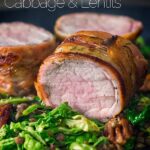 This simple bacon wrapped pork tenderloin recipe is served with a fantastic lentil, pecan nut and cabbage side dish dressed with a mustard dressing.