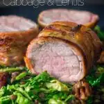 This simple bacon wrapped pork tenderloin recipe is served with a fantastic lentil, pecan nut and cabbage side dish dressed with a mustard dressing.