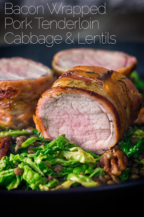 This simple bacon wrapped pork tenderloin recipe is served with a fantastic lentil, pecan nut and cabbage side dish dressed with a mustard dressing. #porkdinner #datenightfood #porktenderloin #bacon #baconwrapped #recipe #recipeideas #recipeoftheday