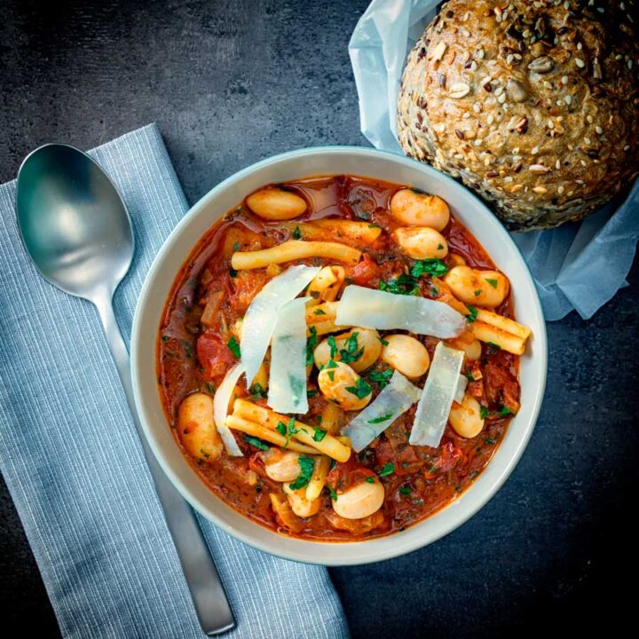 Pasta e Fagioli is an Italian pasta and bean soup or stew. It is wonderfully frugal, hearty and full of great simple flavours.