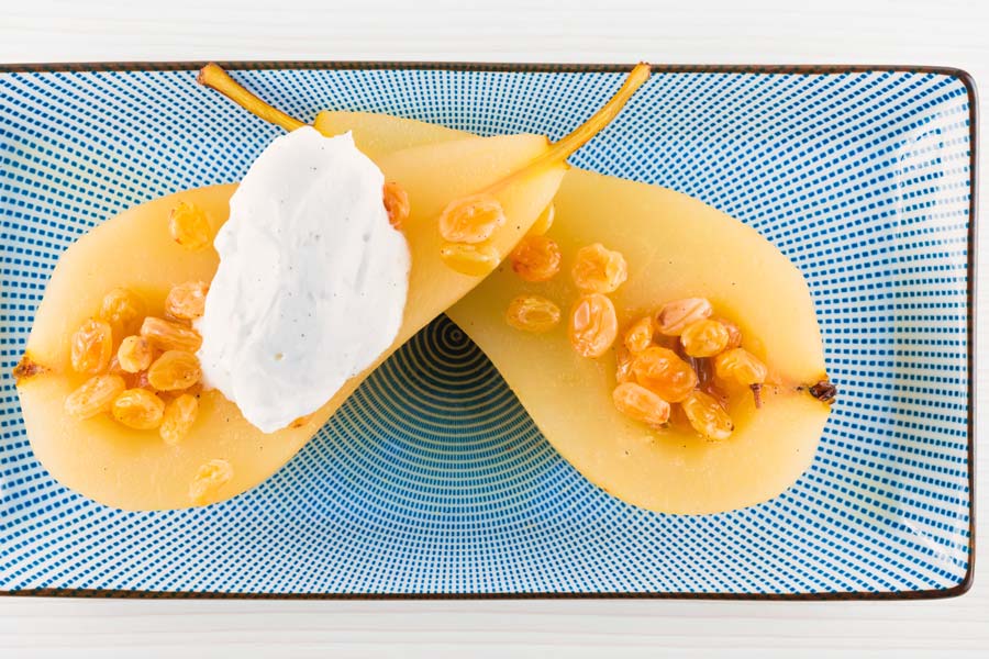 Poached pear is a classic treatment for the ever popular autumnal fruit, this one is poached in the famous Hungarian Dessert wine, Tokaj, although other dessert wines will work and cardamom.