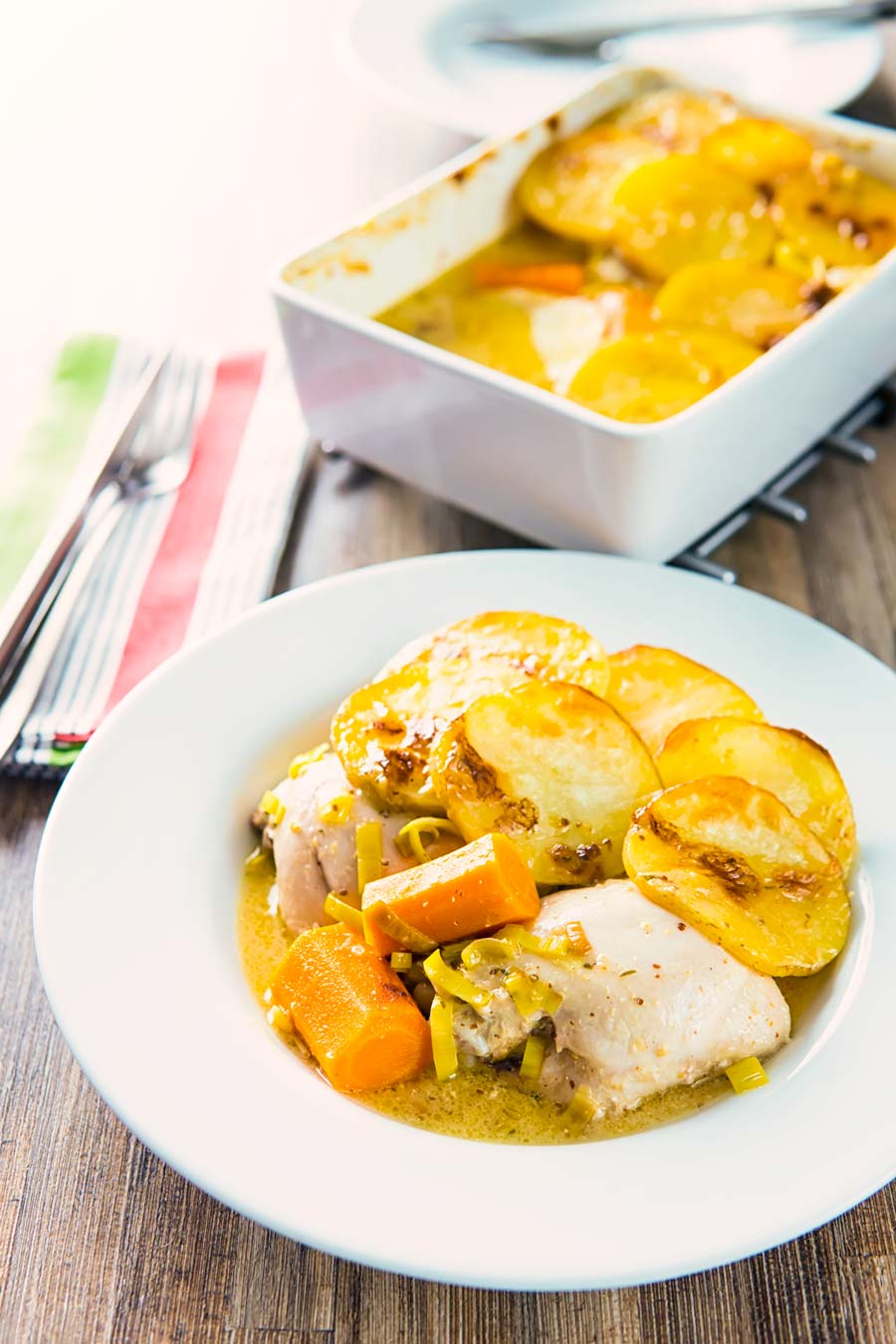 A hotpot is a little like a pie with a scalloped potato topping, this chicken hotpot features a mustard sauce and lots of leeks and carrots.