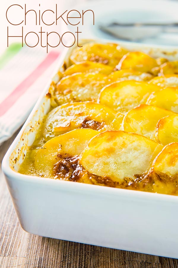 A hotpot is a little like a pie with a scalloped potato topping, this chicken hotpot features a mustard sauce and lots of leeks and carrots. #comfortfood #britishfood #chcikenrecipe #chickenpie #chickenthighrecipe #recipeideas #recipeoftheday #recipes