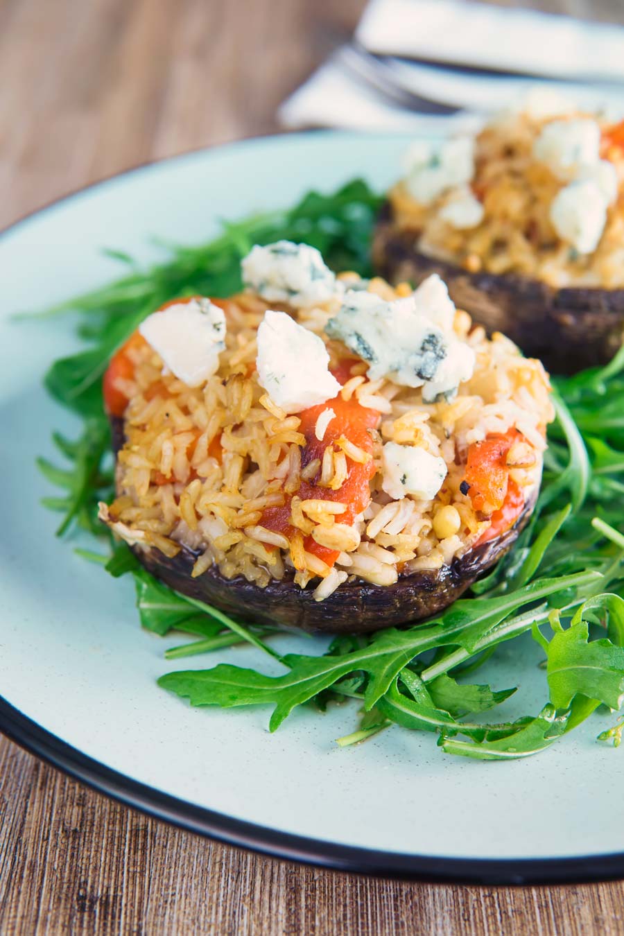 These easy stuffed mushrooms are a great way to use up leftover rice and create a fantastic meal from store cupboard ingredients, these feature roasted red peppers, sun dried tomatoes and Roquefort cheese.