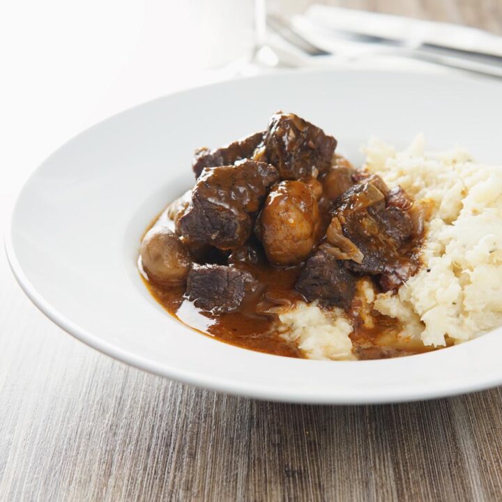 French food is not all picky and fancy, this beef bourguignon or beef burgundy is a French classic featuring a cheaper cut of meat braised in red wine.