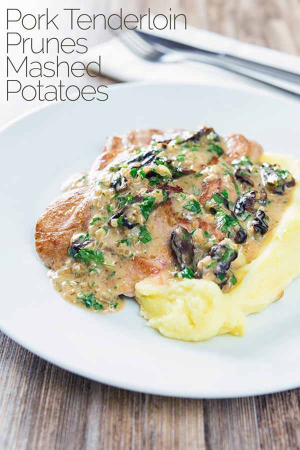 Pork with prunes is a pretty classic combination and here they feature in a brandy cream sauce alongside pork tenderloin and buttery mashed potato. #porkrecipes #porktenderloinrecipes #dinnerfortwo #datenightrecipes #recipeideas #recipeoftheday