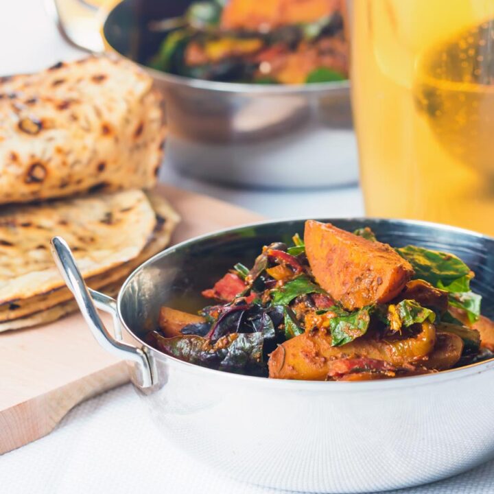 Saag Aloo is a long standing favourite curry of mine, the move from spinach to chard adds a depth of iron rich earthy flavour to an already wonderful dish!