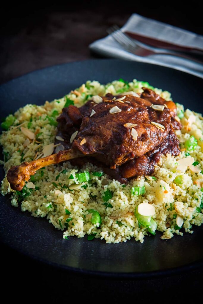 Slow roast duck legs in tamarind with buttered couscous