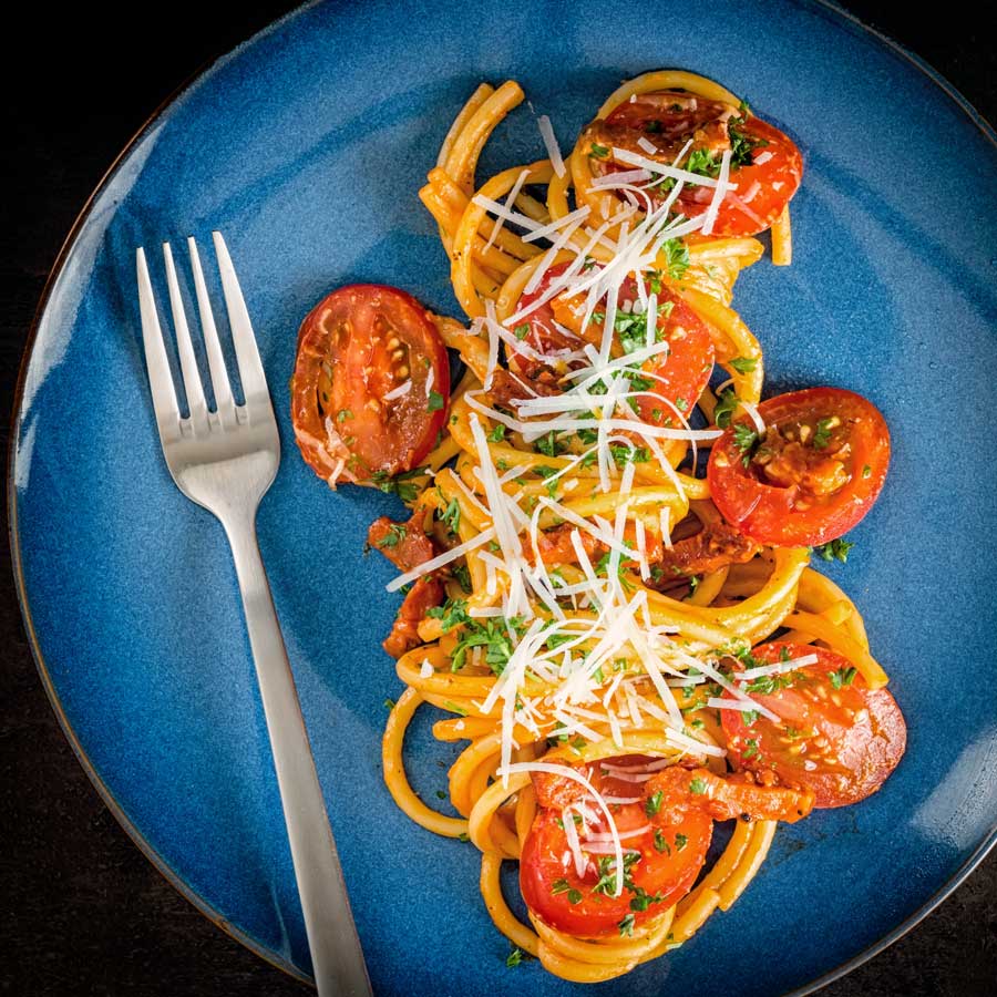 My version of Bucatini All Amatriciana the classic simple pasta recipe from the Lazio region of Italy and is gloriously simple.