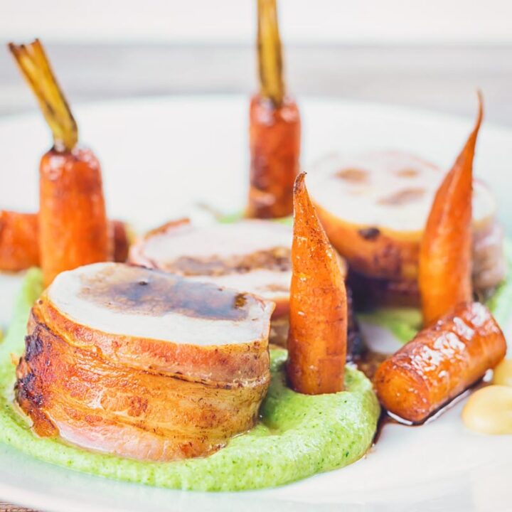 Bacon Wrapped Baked Pork Tenderloin With Balsamic Carrots