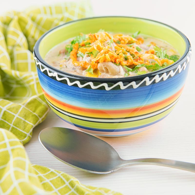 A Square image of a white chili chicken topped with red Leicester cheese in a bright colourful bowl