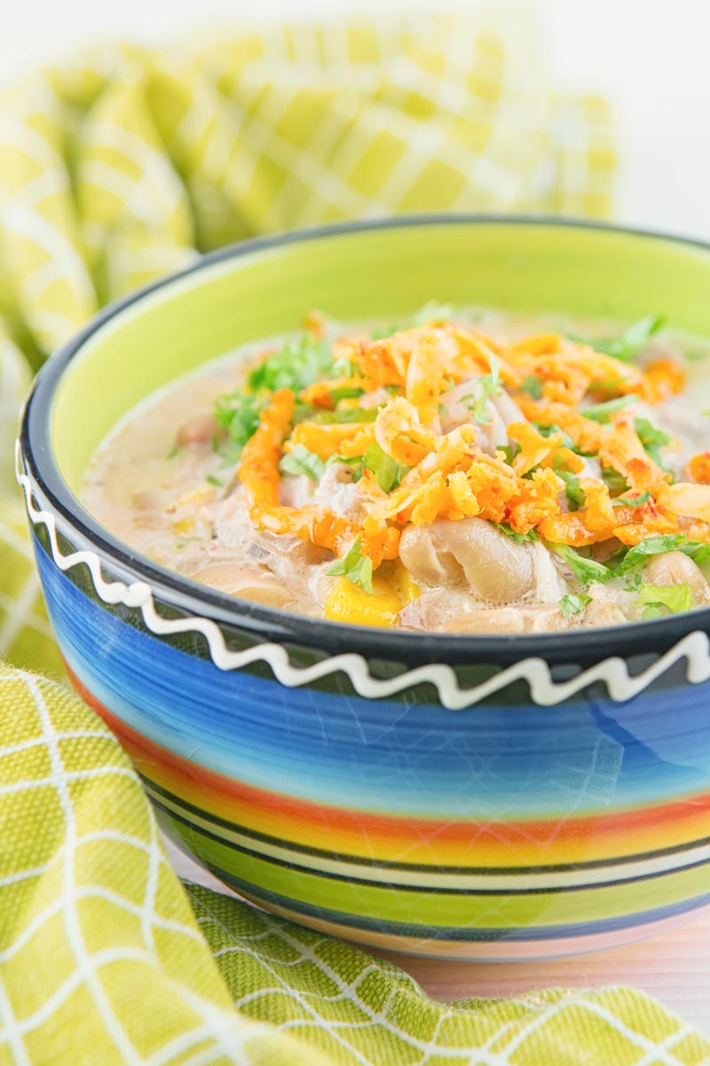A tall image of a white chili chicken topped with red Leicester cheese in a bright colourful bowl