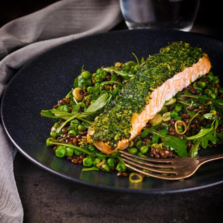 Herb Crusted Baked Salmon With Peas and Rocket