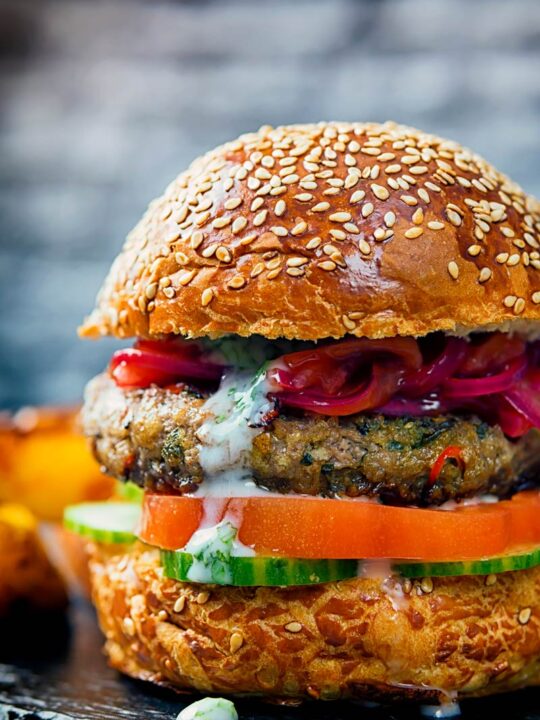 This Lamb Burger is inspired by Indian flavours, light bright and zingy with hints of fenugreek, cumin and turmeric and elements of a Kachumber salad.