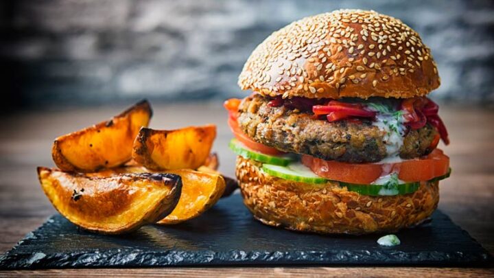 Landscape image of an Indian inspired spicy lamb burger with a red onion chutney served with potato wedges