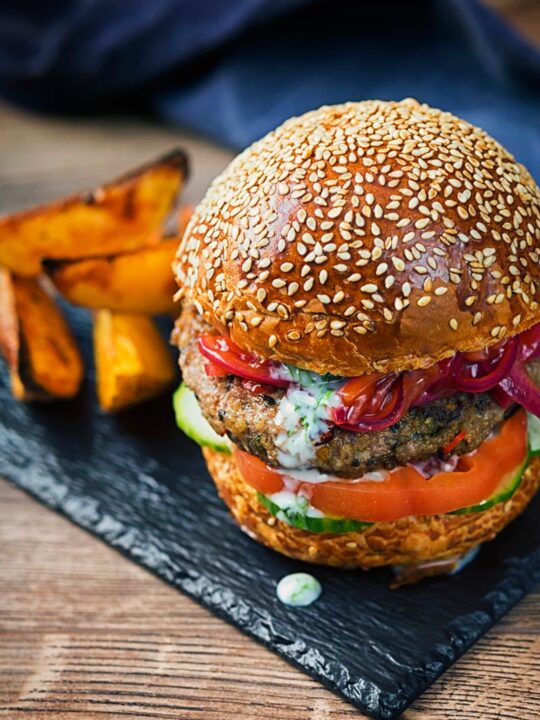 Indian spiced lamb burger served with air fryer potato wedges