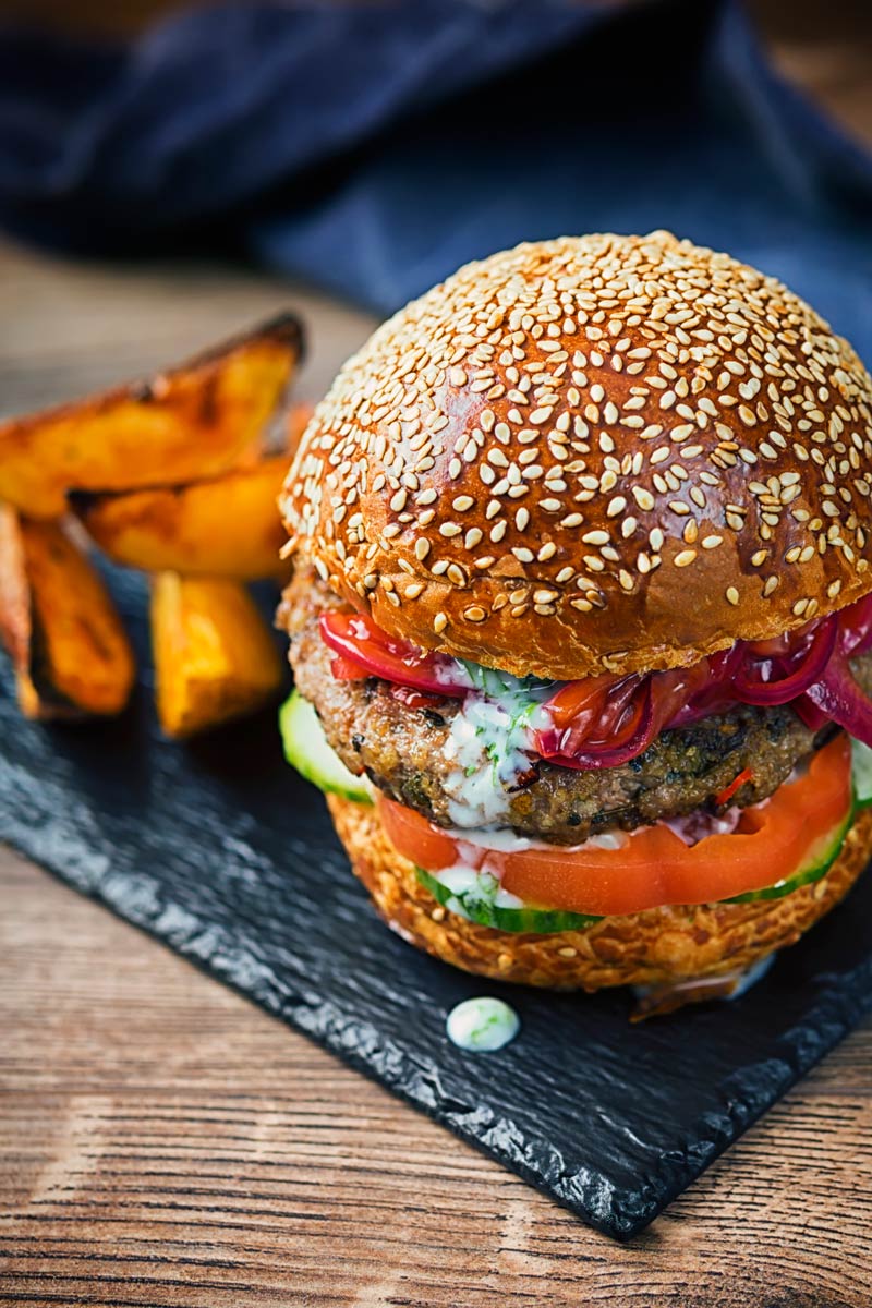 This Lamb Burger is inspired by Indian flavours, light bright and zingy with hints of fenugreek, cumin and turmeric and elements of a Kachumber salad.