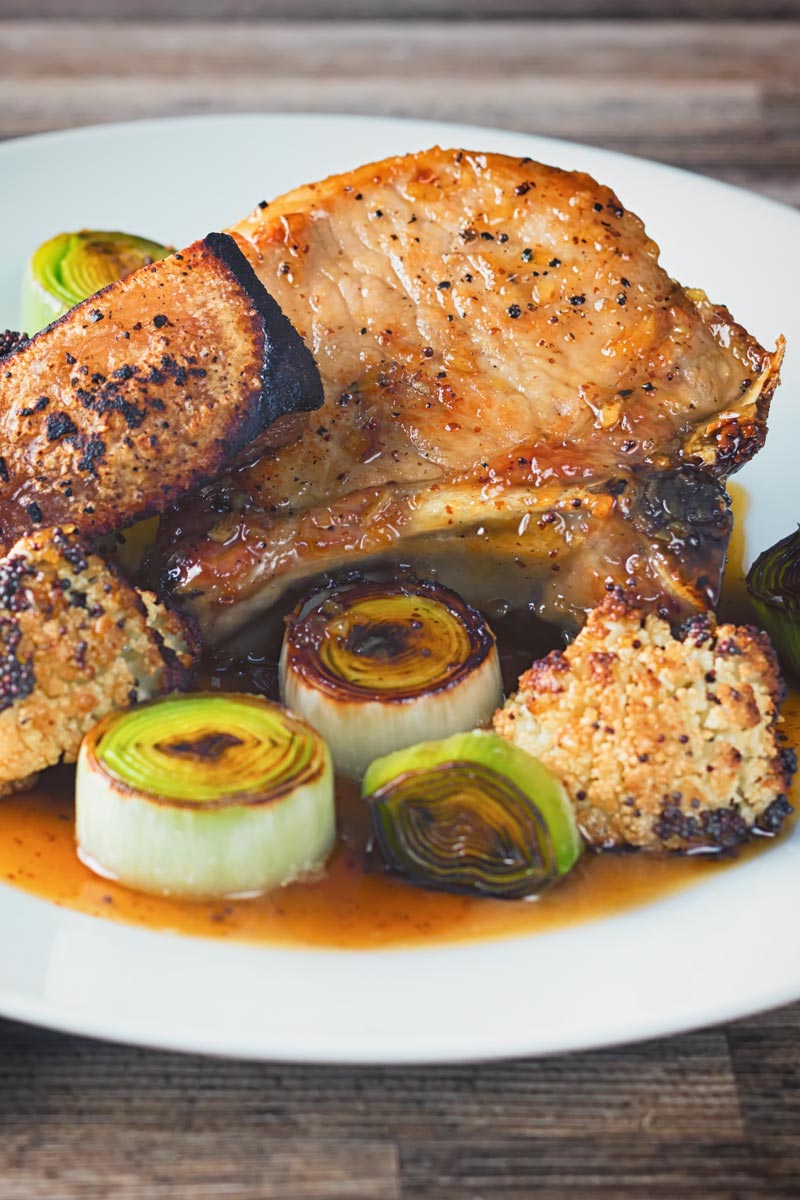 Any pork chops are great and these maple syrup and mustard glazed pork chops are joined by Cauliflower and Leeks to create a complete meal!