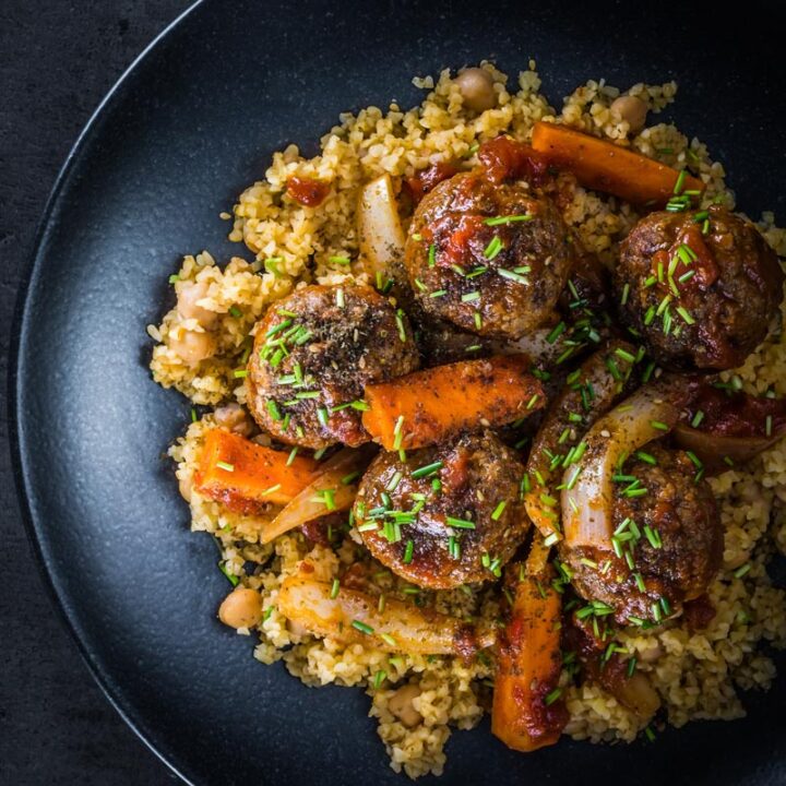 Moroccan Beef Meatballs with Bulgur Wheat and Chickpeas