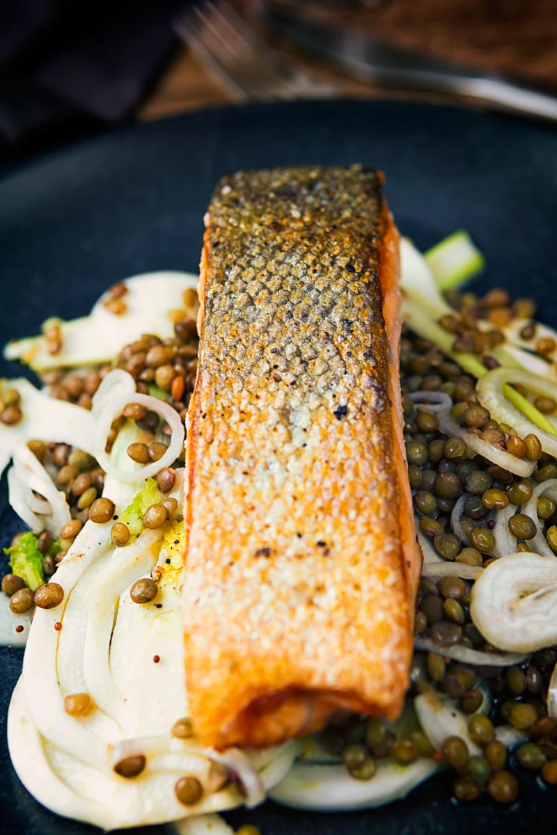 Pan Fried Salmon With Quick Pickled Fennel and Lentils | Krumpli