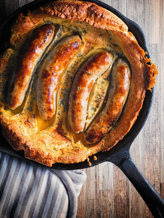 Toad in the Hole is about as British as can be and probably the defining food memory from my childhood! Sausages in a Yorkshire pudding batter and baked to perfection, forget Sunday Lunches this is quintessentially British!