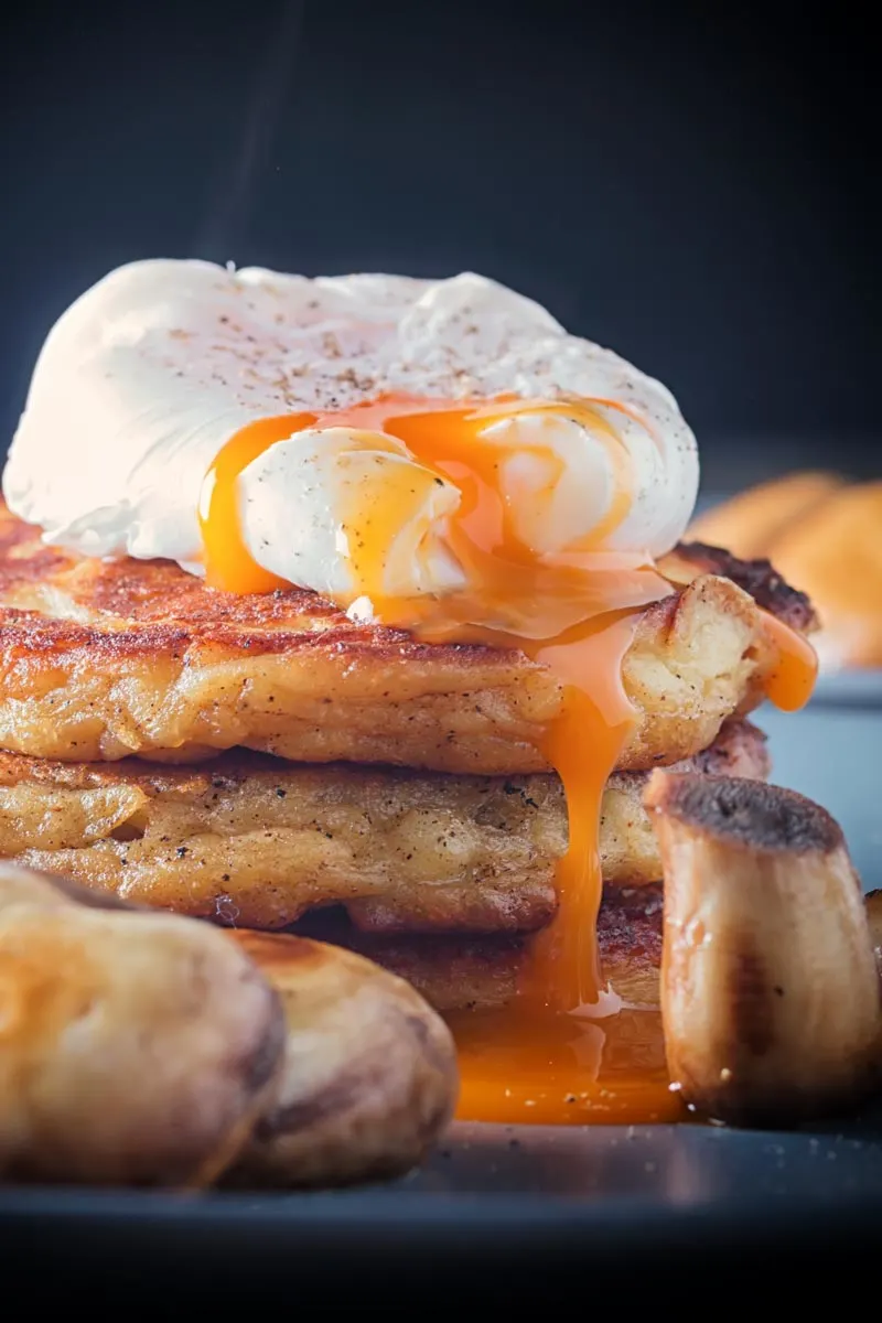 Stacked Irish Boxty pancakes with a perfectly poached eggwith a dripping golden egg yolk
