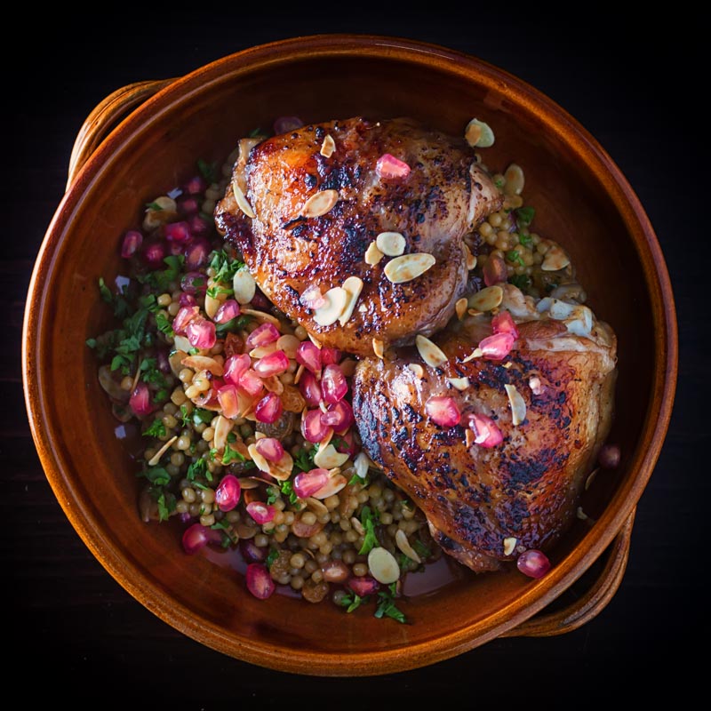Pomegranate Chicken Thighs with Israeli Couscous Krumpli