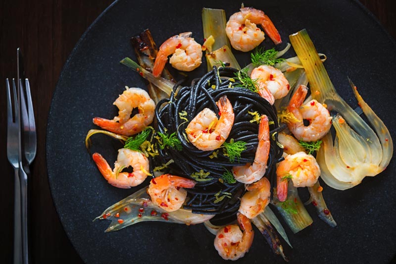 Squid Ink Pasta with Prawns Fennel & Chilli | Krumpli