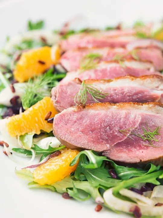 Portrait close up image of a fennel and orange salad served with a sliced rosy pink duck breast served on a white plate