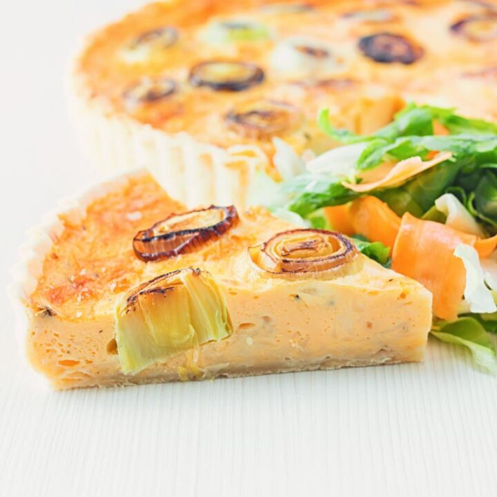 This Gruyere and Leek Quiche is a little play on the classic idea of a cheese and onion quiche using nutty almost smoky Gruyere cheese & charred leeks.