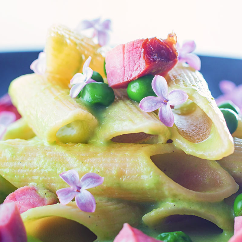 Square close up image of pea and Ham pasta with a pea puree, fresh peas, chunks of ham and lilac edible flowers