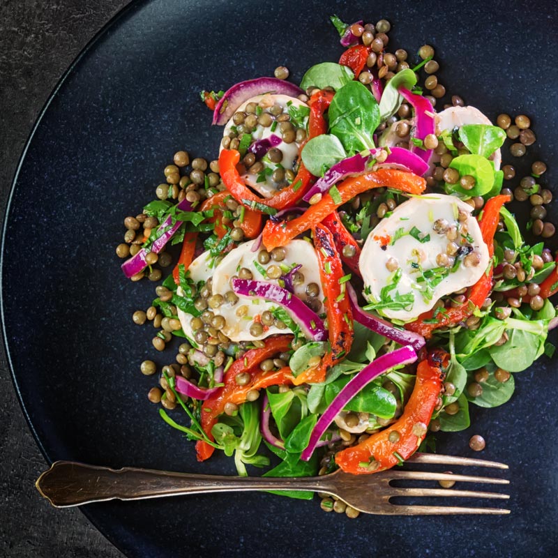 Square image of a puy lentil salad with soft goats cheese, red onion and roasted red peppers on a black plate with a vintage fork