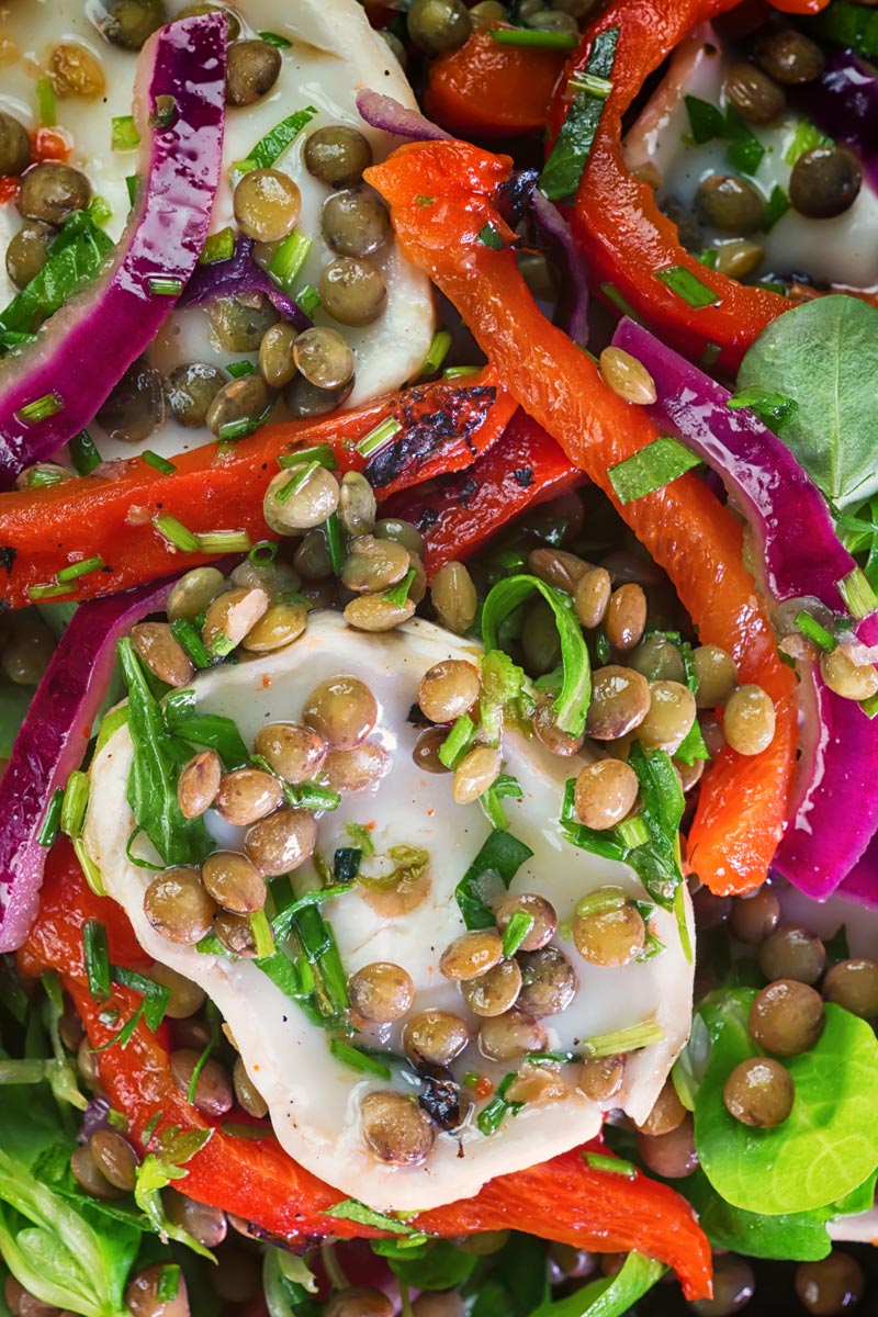 Overhead close up image of a puy lentil salad with soft goats cheese, red onion and roasted red peppers