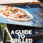 Tall image of a raw pizza being transferred to to a pizza steel on a bbq to become a grilled pizza with text