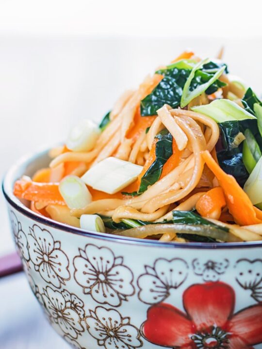 Close up portrait image of a bowl with Asian patterns containing sweet and sour Stir Fried Noodles